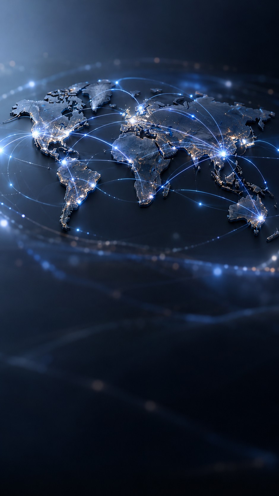 Dark world map with glowing currency flow lines connecting major financial centers