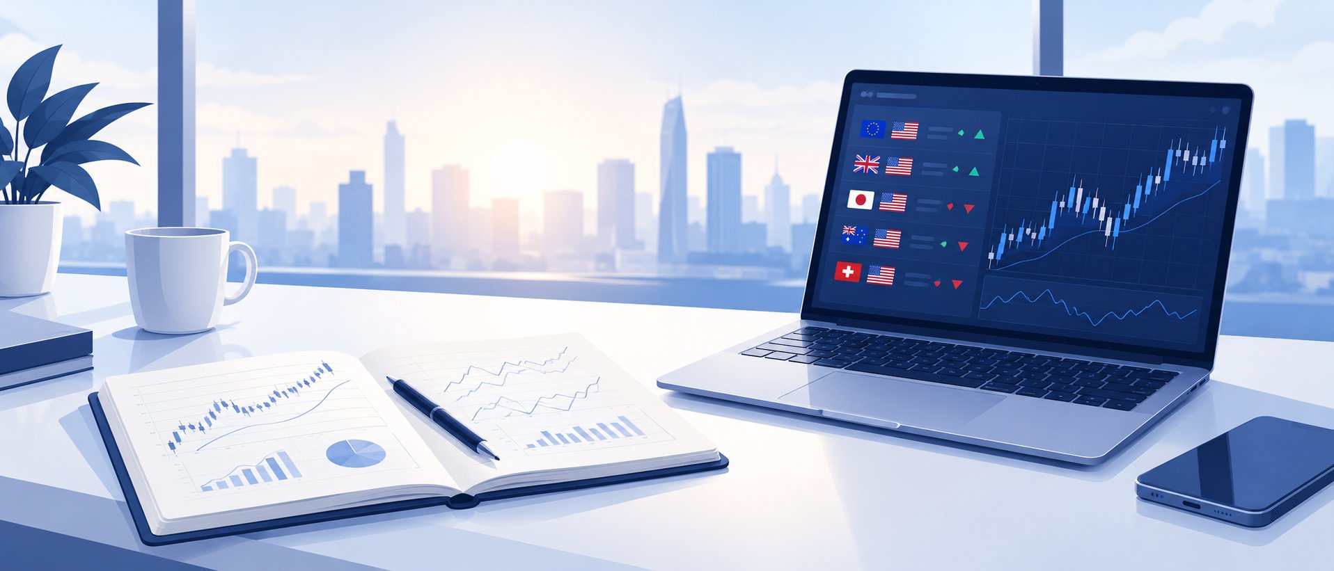 Open notebook with chart sketches beside a laptop showing currency pairs