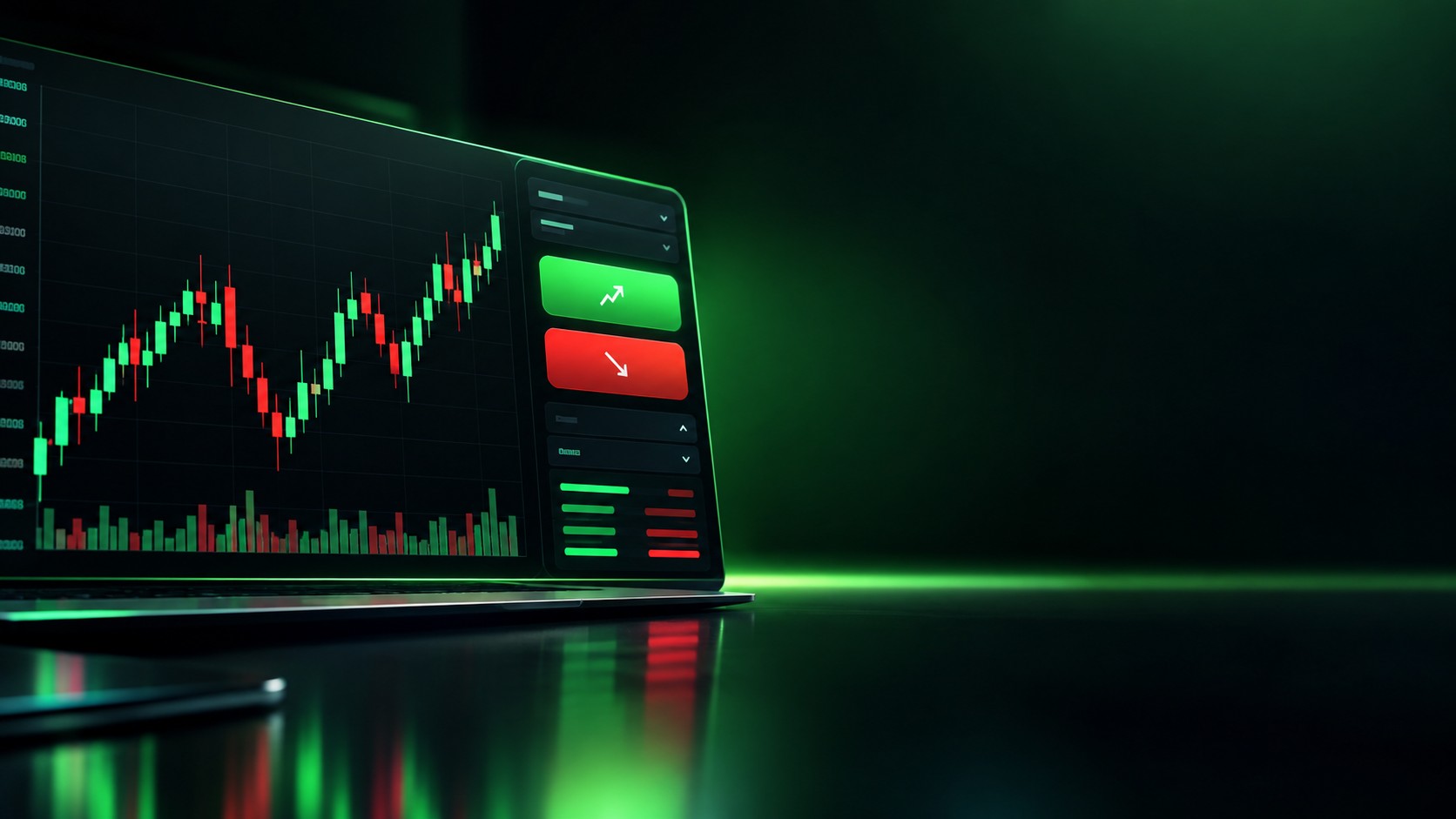 Clean buy and sell panel with green and red buttons and a candlestick chart