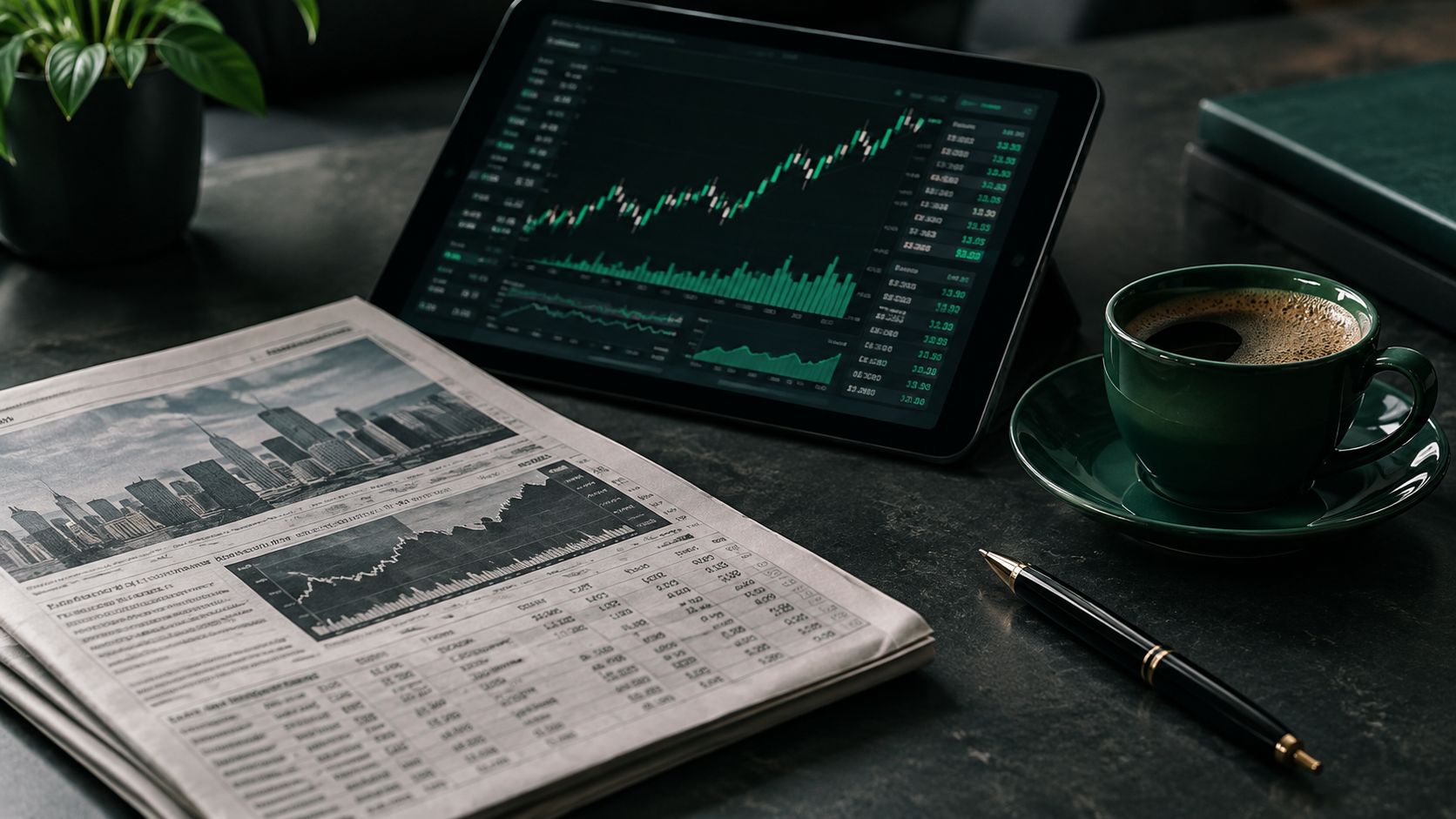 Financial newspaper tablet with charts and coffee on a desk
