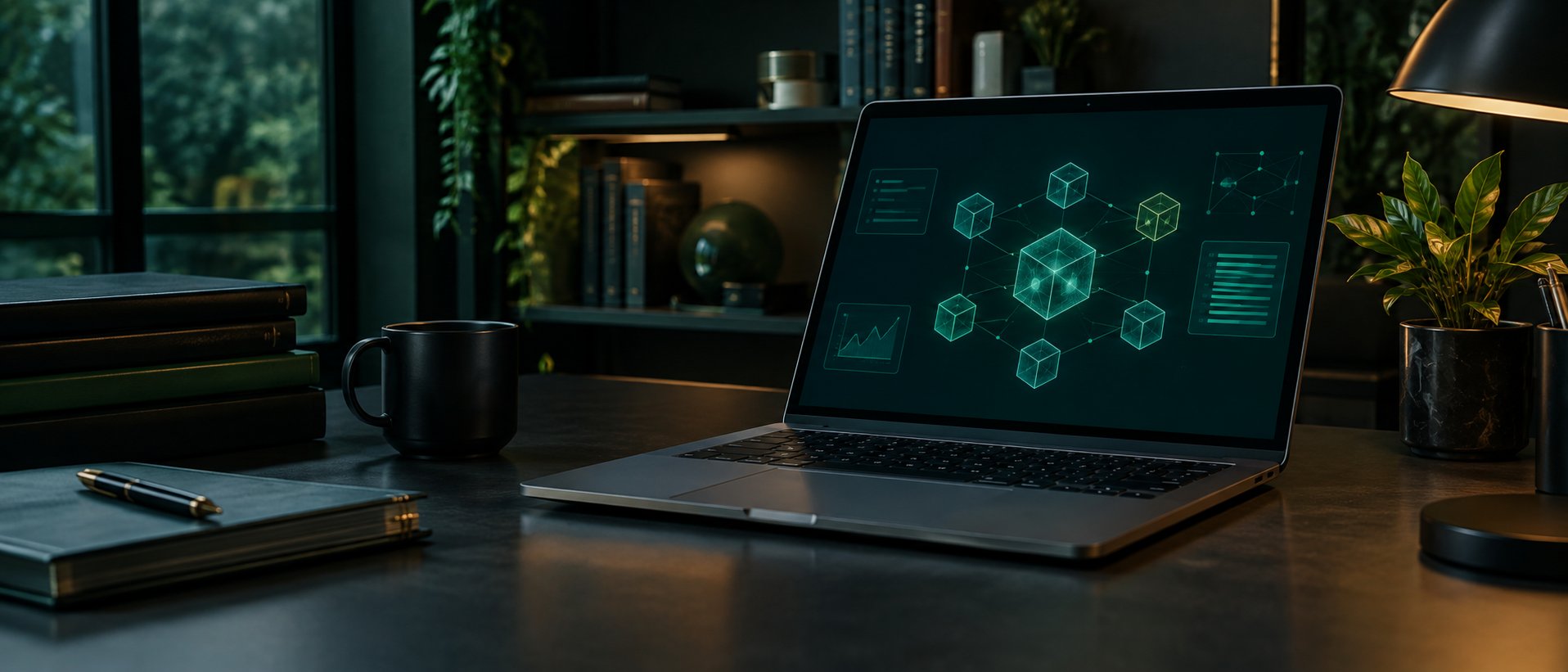 Student laptop showing blockchain diagrams in a cozy study