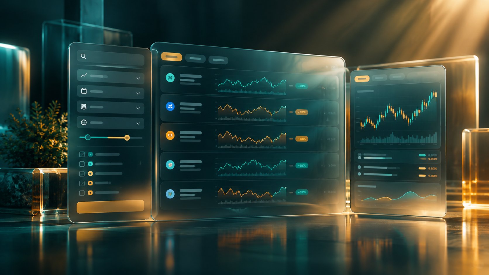 Sleek dashboard with filter panels and a list of stock charts